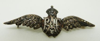 A silver RAF sweetheart brooch set with marcasite, L5.