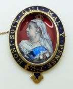 A 10ct gold brooch with enamelled painting of Queen Victoria, marked verso London Walert,