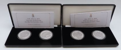 Two sets of Jubilee Mint 2015 and 2016 silver Britannia pair,