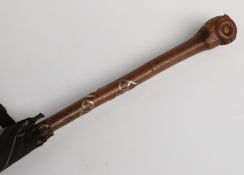 Early 20thC parasol with carved owl handle, plated collar and white metal lettering 'Beatrice',
