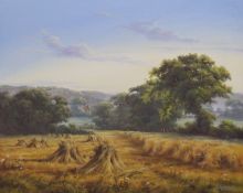 Modern oil on canvas corn in a field with cottage and woodland beyond,