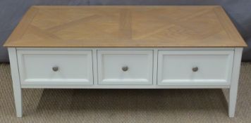 Oak topped coffee table with drawers below,