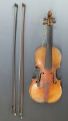 Anonymous late 19thC (c1890) full size German violin with two-piece 36cm back and inlaid decorative