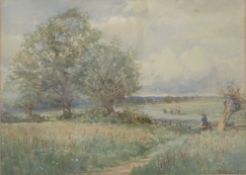 John Bates Noel (1870 - 1927) watercolour landscape with workers crossing a field,