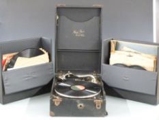 A wind-up gramophone with some interesting/ early / 78s including Pathé,