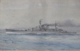 Rowland Langmaid (1897-1956) watercolour HMS Hood with title lower right ''Hood' on full speed