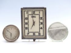 Duple coach Art Deco style clock together with a Smith's car clock and a bevelled edge mirror