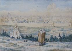 Watercolour landscape of Jerusalem, monogrammed and dated lower right possibly AH 1922,