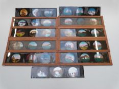 A collection of magic lantern slides including shipping, castles etc,
