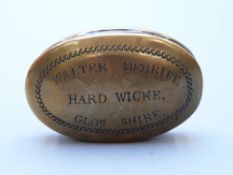 Early 20thC brass snuff box marked 'Walter Merritt Hardwicke Glos Shire' and to underside 'HE 1908'