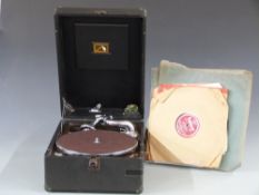 His Master's Voice wind-up gramophone c1920, together with two tins of Colombia needles,