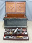 19thC wooden tool chest with fitted interior and tools including saws,