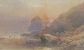 Victorian watercolour of figures on beach, monogrammed CW '82,