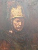 After Rembrandt oil on canvas portrait of a gentleman in helmet,