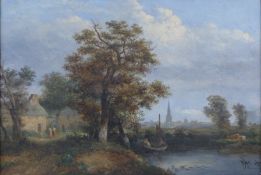 19thC oil on canvas pastoral and river scene with figures, possibly local Evesham / Worcester,