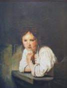 Oil on canvas lady leaning on a desk or counter,