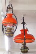 Two hanging hand blown glass lamps with spare shades, Sherwoods Limited impressed to brass fittings.