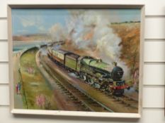 P Bradshaw oil on board of GWR steam locomotive King Edward VIII, probably at Dawlish,
