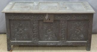 Antique carved oak panelled coffer,