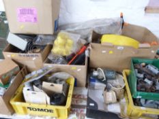 Large quantity household and other fittings including electrical junction boxes, hoses, pumps etc,