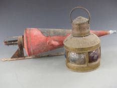 Brass four way ship's lamp and a Minimax fire extinguisher with bracket