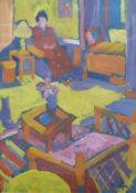 Anthony Hodge (1948-2009) acrylic interior scene lady with cat, signed lower right,