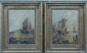 Pair of 19thC oils on canvas beached fishing boats in a coastal setting,