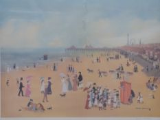 Helen Bradley signed print of figures on a beach 'Blackpool Sands', with blind stamp,