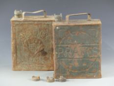 Two vintage two gallon petrol cans, one Pratts,