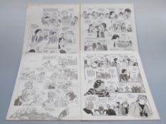 Four pages of Bill Titcombe original pen and ink comic artwork for Benny Hill, Mind Your Language,