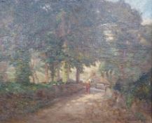 Samuel Dean (British, active 1895 - 1938) oil on canvas of a horse and rider in wooded lane,