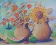 Oil / acrylic on canvas still life including a sunflower in vase,