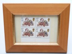 A mint block of 1980 Charlotte Bronte 12p stamps including missing 'p' in value