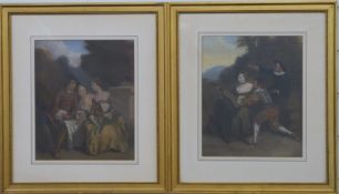 A pair of oil on board figures in a garden, one with woman playing a lute,