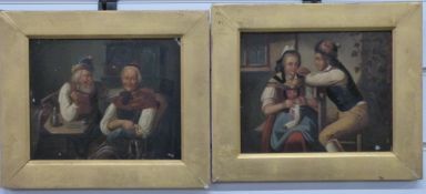 A pair of 19thC continental oil on tin interior scenes with Bavarian or similar figures,