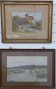 S E Slader watercolour cottage and bridge 22 x 32cm together with a further watercolour,
