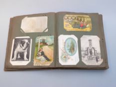 Album of early 20thC postcards including early car crash, cats, humorous, bears, Topographical,