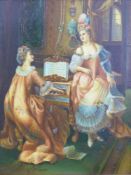 F Ranieri oil on board two ladies in period dress, one playing the piano,