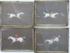 A set of four 19thC charcoal and gouache hunting scenes, each titled to lower edge,