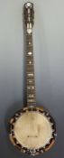 A walnut, mahogany and specimen wood mother-of-pearl inlaid five string banjo in carry case,