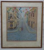 Pastel street scene with bunting, indistinctly signed and dated possibly Barbara Silberbauer 1987,