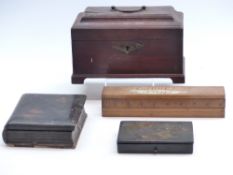 Georgian mahogany tea caddy with lift out metal containers together with two Eastern lacquer boxes