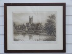 Framed 19thC etching of Gloucester Cathedral by J.R.