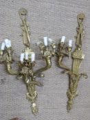 Pair of cast brass wall light fittings,