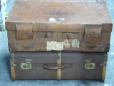 Vintage leather suitcase and an ash bound trunk