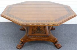 Victorian oak octagonal pedestal dining or centre table with inlaid ebony decoration,