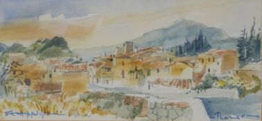 Terry Thomas watercolour St Hippolyte French village scene,