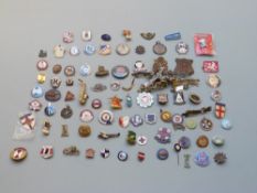 A large collection of enamel badges, many football examples including Everton, Crewe Alexandra,