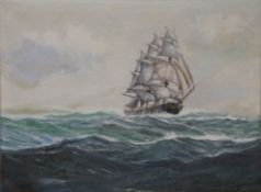 Oil on canvas sailing ship at sea, indistinctly signed lower left,