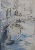 Stephanie Davies pen and ink drawing Venetian scene, signed to left hand edge and dated 76,